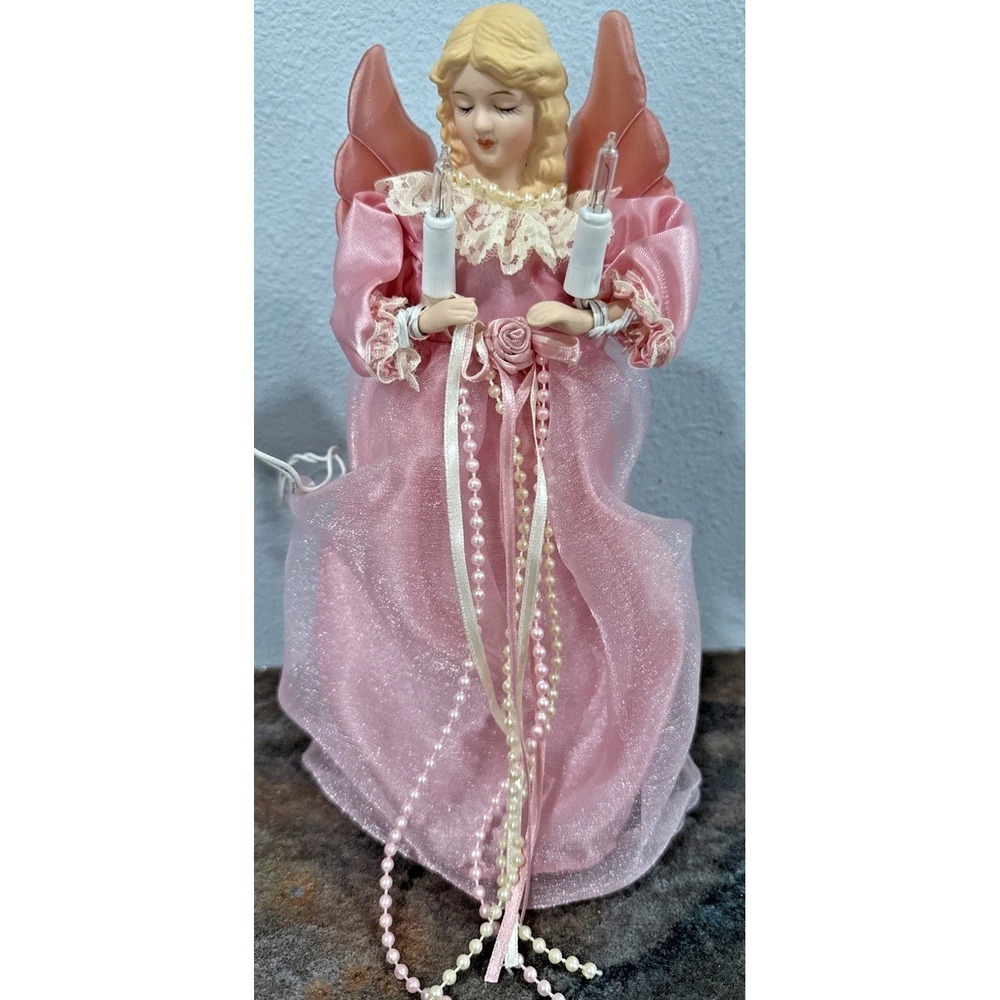 Vintage Pink Porcelain Face Angel Christmas Tree Topper 10-Light Lighted Y2K